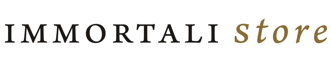 The text 'IMMORTALI store' appears on a black background, with 'IMMORTALI' in large black serif letters and 'store' in smaller gold serif letters.
