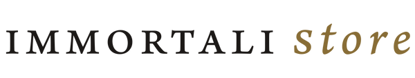 The text 'IMMORTALI store' appears on a black background, with 'IMMORTALI' in large black serif letters and 'store' in smaller gold serif letters.