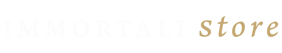 A white banner with the text 'IMMORTALI store' in a light gold serif font.