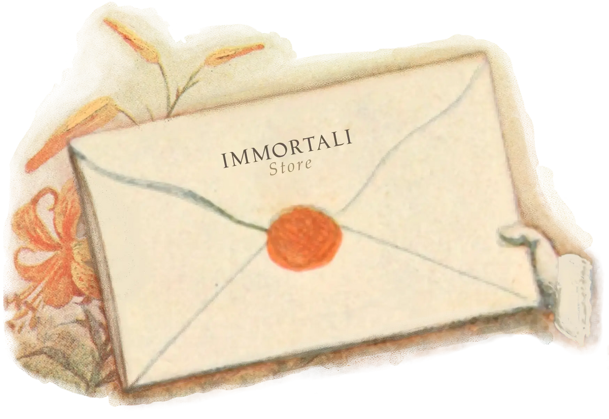A vintage-style illustrated cream envelope with a red wax seal and the text 'IMMORTALI Store' printed on it, surrounded by soft floral accents on a white background.